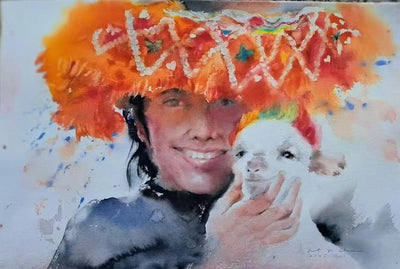 Watercolor painting titled Radiance of a Smile depicting a person with a lamb by Coral.