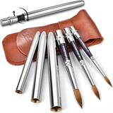 Fuumuui 3pcs Portable Retractable Round Sable Watercolor Brushes set with metallic caps and brown leather case.