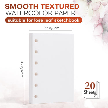 Dimensions of 3.1 x 4.7 inch cold-pressed watercolor refill paper pack with 20 sheets for loose leaf sketchbook.