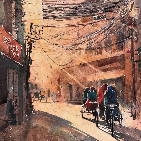 Detailed urban landscape watercolor painting of rickshaws on textured 140lb cold press paper. Fine overhead wires painted with a professional miniature detail brush and high-pigment watercolor paint.