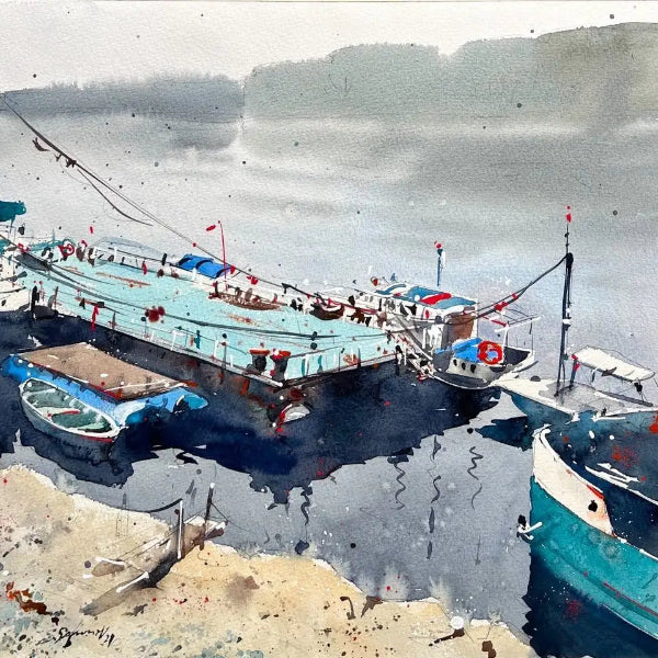 Professional watercolor painting of boats at a dock on 100% cotton cold press 140lb/300gsm paper using high-pigment watercolor paint and a kolinsky sable detail brush for intricate maritime textures.