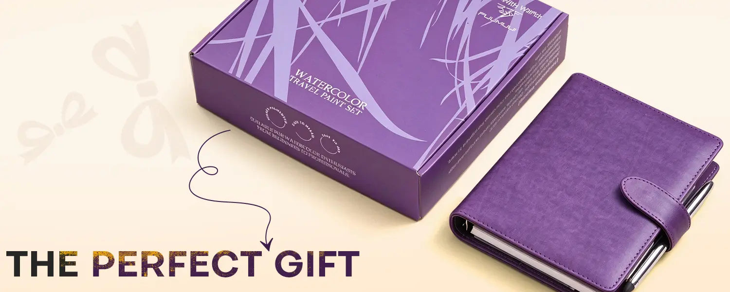 Elegant gift box packaging of Fuumuui 36-color watercolor travel sketchbook purple large set.