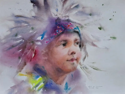 Watercolor portrait titled The Keeper of Early Dreams featuring a child with feather headdress by Coral.