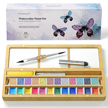Fuumuui 24 shimmer watercolor paint set in wooden palette with travel brush and butterfly gift box.