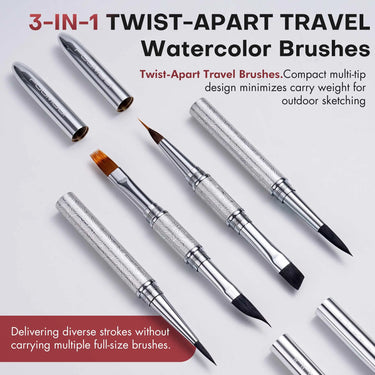 Fuumuui 3-in-1 travel watercolor brushes with twist-apart handles and protective metal caps.
