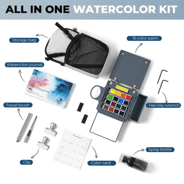 Fuumuui 16-Color Watercolor Paint Set – Premium Portable Travel Kit with Crossbody Bag, Watercolor Pad, Metal Clip, Spray Bottle & Travel Brush, All-in-One Painting Set for Art Lovers