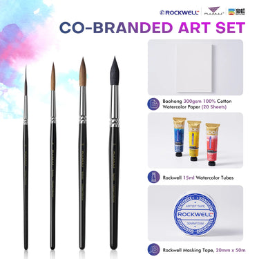 FUUMUUI x ROCKWELL x BAOHONG art set with 4 brushes, 20 sheets of cotton paper, 3 tube paints, and masking tape.
