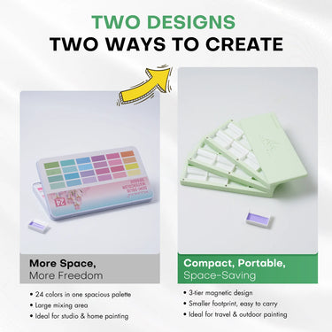 Comparison showing a spacious 24-color watercolor tin vs a compact mint green 3-tier magnetic travel palette.