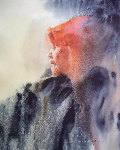 Watercolor portrait titled Under the Sun featuring an elderly woman bathed in warm light by Coral.