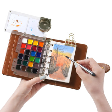 Fuumuui Aquarell Reise-Set – Doppelseitiger Reise-Pinsel, Farben und 100 % Baumwollpapier mit PU-Lederhülle (Medium)