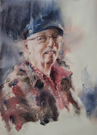 Watercolor portrait titled Weathered Grace depicting a smiling man with glasses and a cap by Coral.