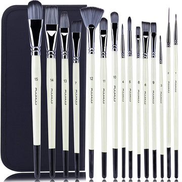 Fuumuui 15pcs Professional Nylon Hair Acrylic Brushes set with diverse shapes, white handles, and black ferrules.