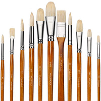 A comprehensive set of 11 professional hog bristle brushes showing their various sizes and shapes for oil and acrylic painting.