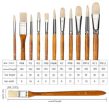 Fuumuui 11pcs professional natural hog bristles paint brush set featuring various shapes and sizes, with red handles, displayed alongside a detailed size chart.