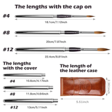 Fuumuui portable retractable round sable watercolor brushes in sizes #4, #8, #12, showing extended and compact lengths with full dimensions, plus the brown leather travel case dimensions.