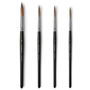 Fuumuui Ultimate Kolinsky Collection round artist paint brushes, featuring sizes 10, 8, 7, and 6, designed for precision, snap, and control.