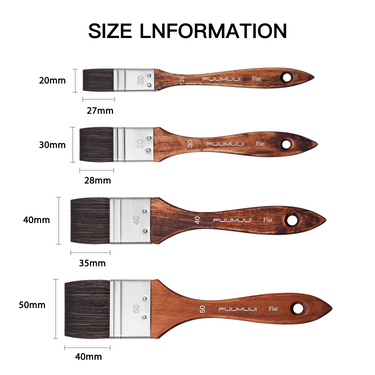 Fuumuui 4-teiliges Tierhaar-Flachpinselset Größentabelle mit detaillierten 20mm, 30mm, 40mm und 50mm Borstenbreiten mit Holzgriffen für Kunstbedarf.