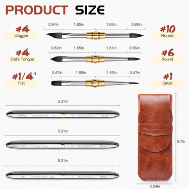 Fuumuui Art Supplies product size chart for 3 small dual-tip silver travel watercolor brushes with premium synthetic squirrel hair. It displays 6 distinct tip styles: #4 Dagger, #10 Round, #4 Cat's Tongue, #6 Round, #1/4" Flat, and #1 Detail, along with brush and tip dimensions, and a brown travel pouch.