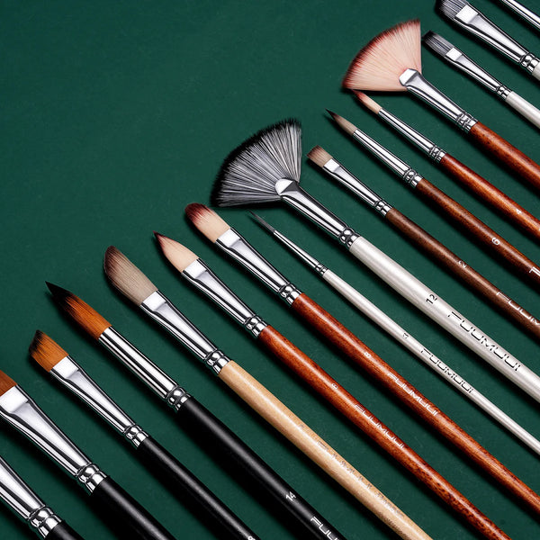 Fuumuui Acrylic Paint Brush and Oil Paint Brush set with Synthetic Nylon and Natural Bristle. Includes Fan Brush, Detail Brush, and Flat brushes in sizes 14, 12, and 8 for professional artists and beginners.