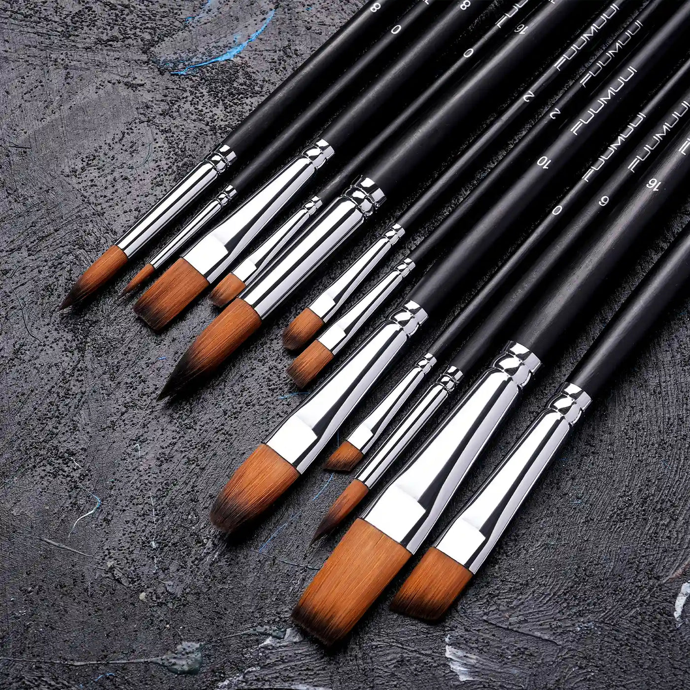 Professional Fuumuui long handle acrylic paint brush and oil paint brush set with synthetic nylon bristles. Includes sizes 16, 10, 8, 2, 0 in round, flat, filbert, angle, and detail brush shapes for artists.