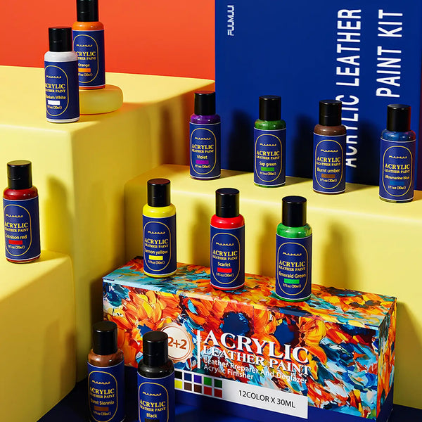 Fuumuui 12-color Acrylic Leather Paint Kit featuring 30ml bottles of Scarlet, Emerald Green, and Ultramarine Blue. Includes leather preparer, deglazer, and acrylic finisher for professional leather repair and DIY.