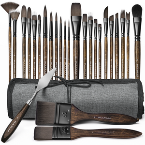 Fuumuui professional acrylic and oil paint brush set with synthetic nylon bristles, including fan, filbert, liner, and detail brushes, plus a palette knife, large wash brushes, and a gray roll-up organizer case.