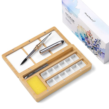 Fuumuui 12 Half Pan Burlywood Watercolor Palette Box – Empty Travel Set with Mixing Lid & Dual-Tip Brush