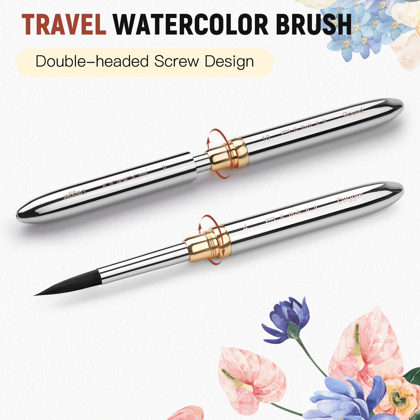 3pcs Small  Dual-Tip Silver Travel Watercolor Brushes — 6 Tip Styles,Premium Synthetic Squirrel Hair