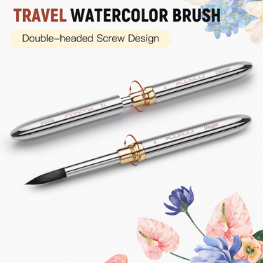 Fuumuui Art Supplies small dual-tip silver travel watercolor brushes feature premium synthetic squirrel hair and a double-headed screw design. The image shows both round and dagger tip styles, ideal for artists on the go.