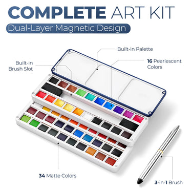 Fuumuui Magnetic Dual-Layer Watercolor Paint with 50 Colors, 3-in-1 Brush