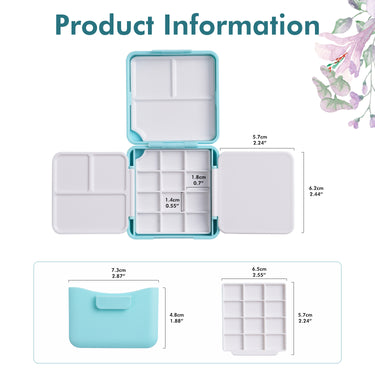 Boîte de palette d'aquarelle pliante à double couche Fuumuui Art Supplies présentant des informations sur le produit, notamment les 24 godets de la palette ouverte, 7 zones de mélange et les dimensions précises pour son voyage compact et portable et son utilisation en studio.