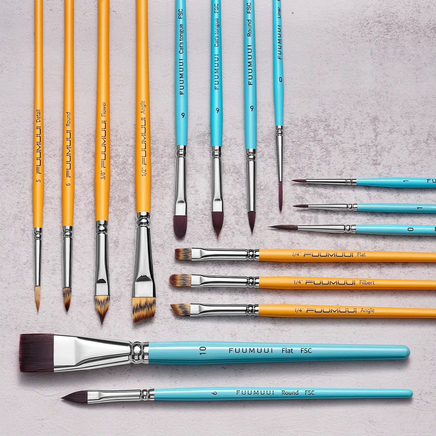 Fuumuui Face Paint Brush set with synthetic nylon bristles. Includes Detail, Round, Flat, Angle, and Cat’s Tongue brushes with teal and yellow handles for professional artists and beginners to use for face painting.