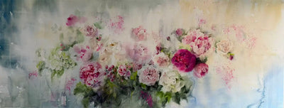 Soft pink and white peonies in a loose watercolor floral painting by Coral. 