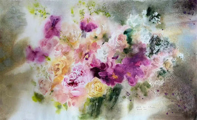 Vibrant bouquet of purple and yellow flowers in watercolor artwork by Coral. 