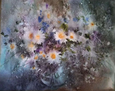 White daisies in a clear vase captured in a delicate watercolor painting by Coral.