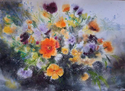 Bright orange and purple wildflowers portrayed in a expressive watercolor bouquet by Coral.