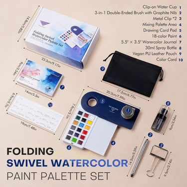 Overview of the Fuumuui folding swivel watercolor paint palette set and all included accessories with dimensions.