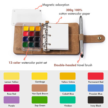 Fuumuui Watercolor Travel Sketchbook Set – Dual Tip Travel Brush, Paints and 100% Cotton Paper with PU Leather Cover(Small)