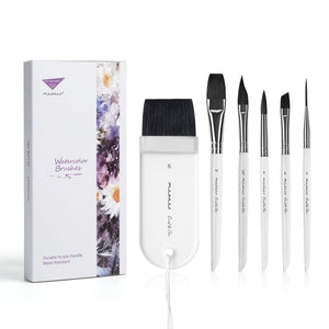 6-piece Fuumuui & Coral Ye Chen Watercolor Brush Set with Short Transparent Acrylic Handles displayed together.