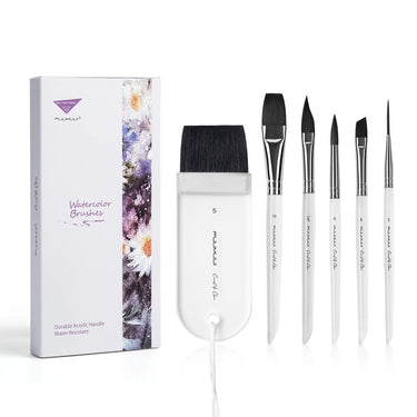 6-piece Fuumuui & Coral Ye Chen Watercolor Brush Set with Short Transparent Acrylic Handles displayed together.