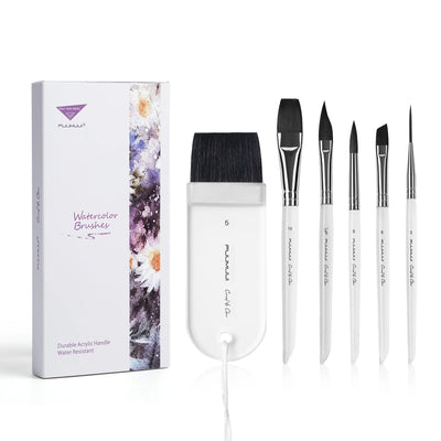 6-piece Fuumuui & Coral Ye Chen Watercolor Brush Set with Short Transparent Acrylic Handles displayed together.