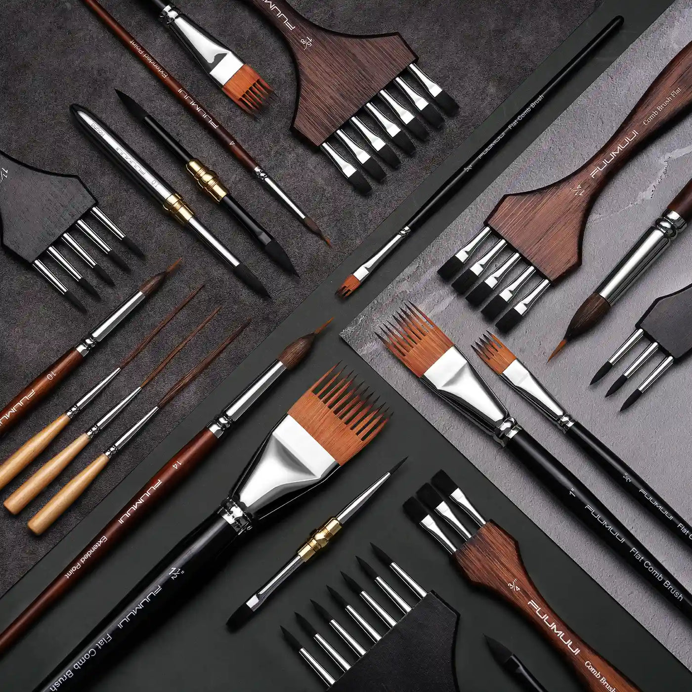 Fuumuui professional Acrylic and Oil Paint Brush set featuring Synthetic Nylon Flat Comb Brushes, Extended Point, and Detail Brushes in sizes 4, 10, and 1 1/2". Includes travel pocket brushes with wood handles.