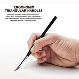 Fuumuui professional nylon detail brush with ergonomic triangular handle held by a hand, emphasizing comfortable grip for precise artwork.