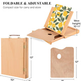 Fuumuui foldable wooden table sketch box easel with adjustable stand, storage drawer, and included 8x12 inch wooden palette. Image highlights the easel open with a painting, its compact folded dimensions (10x13x2 inches), and portable design.