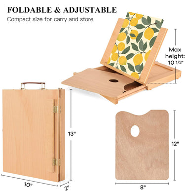Fuumuui foldable wooden table sketch box easel with adjustable stand, storage drawer, and included 8x12 inch wooden palette. Image highlights the easel open with a painting, its compact folded dimensions (10x13x2 inches), and portable design.