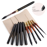 Fuumuui 6pcs high-grade pure squirrel hair travel watercolor brush set with black caps, wooden handles, and a portable carrying case.