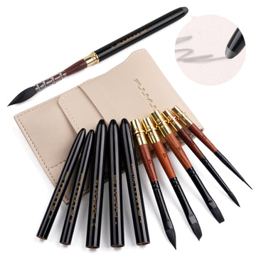 Fuumuui 6pcs Ensemble de pinceaux aquarelle de voyage en poils d'écureuil pur de haute qualité avec capuchons noirs, manches en bois et un étui de transport portable.