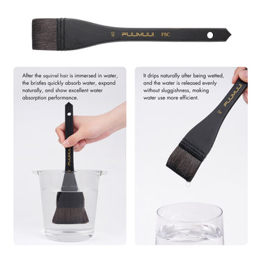 Fuumuui squirrel hair flat watercolor hake brush demonstrating rapid water absorption and controlled, even water release.