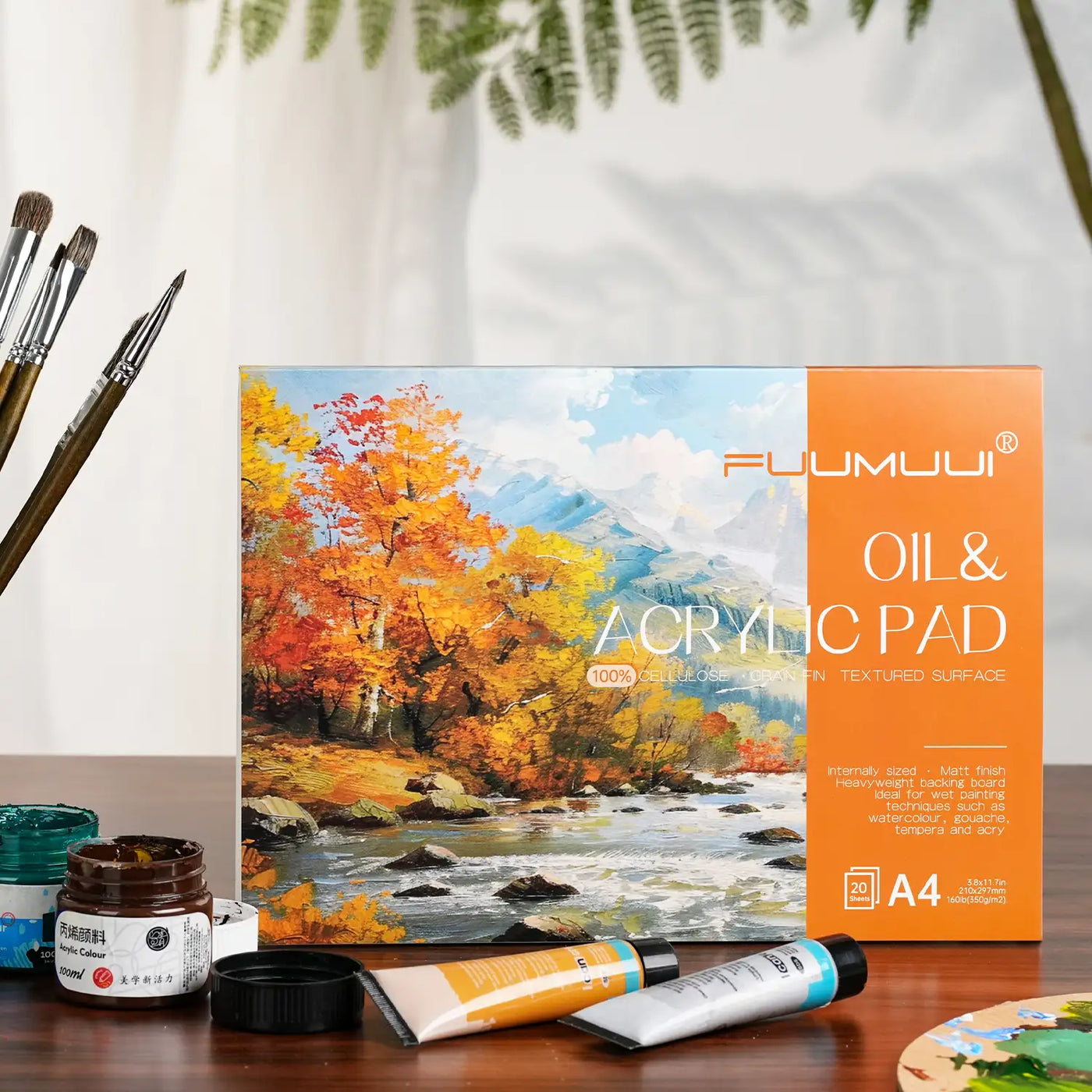 Fuumuui A4 Oil & Acrylic Pad with 20 sheets of 100% cellulose 160lb/350gsm textured surface paper. Professional art supplies including natural bristle oil paint brushes and acrylic paint tubes for artists.