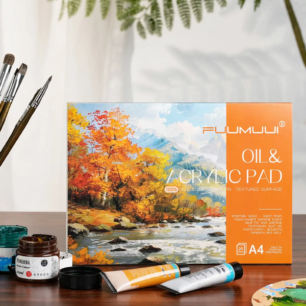 Fuumuui A4 Oil & Acrylic Pad with 20 sheets of 100% cellulose 160lb/350gsm textured surface paper. Professional art supplies including natural bristle oil paint brushes and acrylic paint tubes for artists.